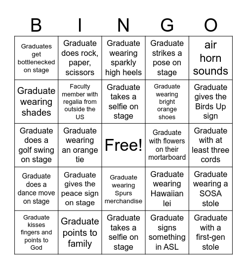 UTSA Commencement Bingo! Bingo Card