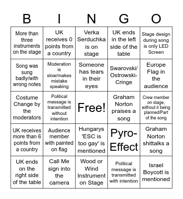 ESC2026 Bingo Card