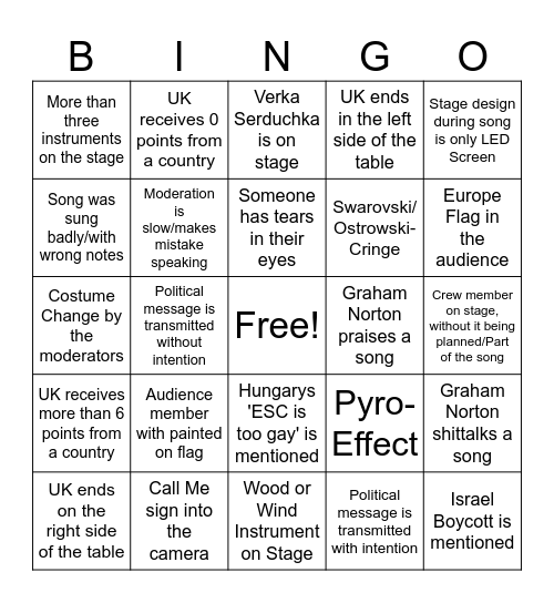 ESC2026 Bingo Card