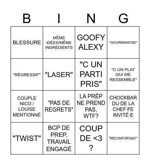TOP CHEF Bingo Card