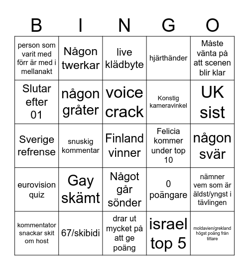 Eurovision 2026 Bingo Card