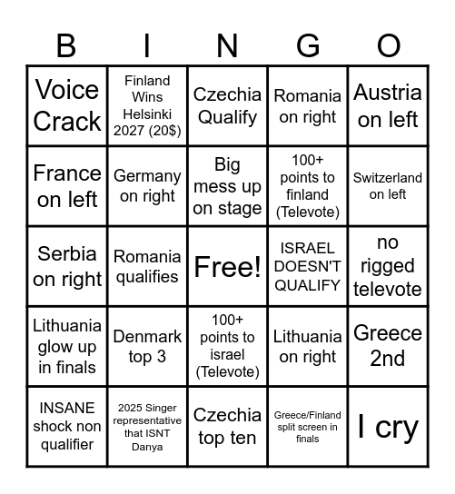 EUROVISION 2026 Bingo Card