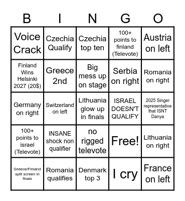 EUROVISION 2026 Bingo Card