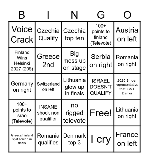 EUROVISION 2026 Bingo Card