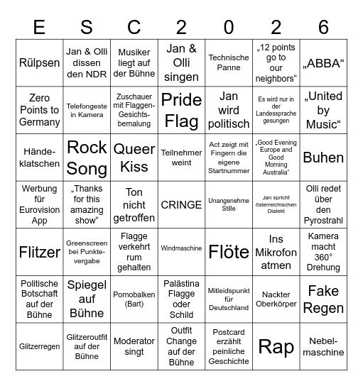 Ultimatives Eurovision Song Contest 2026 Bingo ORF Bingo Card