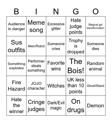 Eurovision Bingo Card