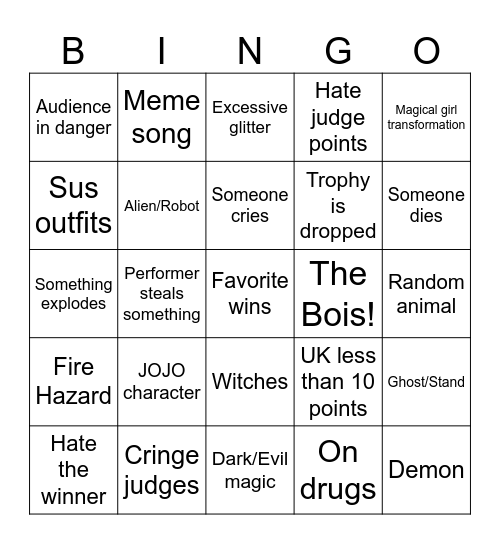 Eurovision Bingo Card