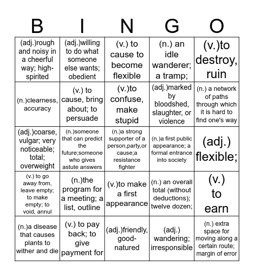 Unit 6 Vocabulary Bingo Card