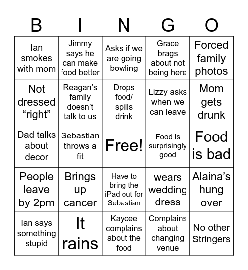 Reception Bingo Card
