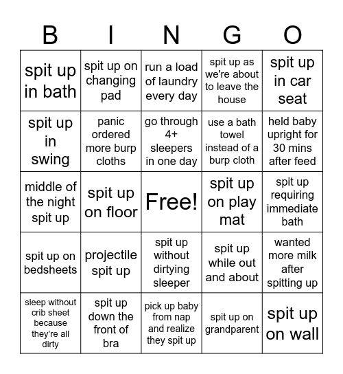 Spit up bingo Card
