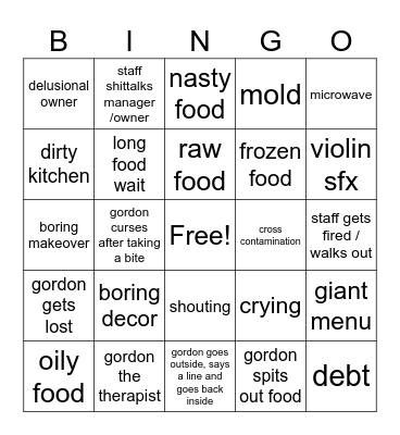 Kitchen Nightmares Bingo Card