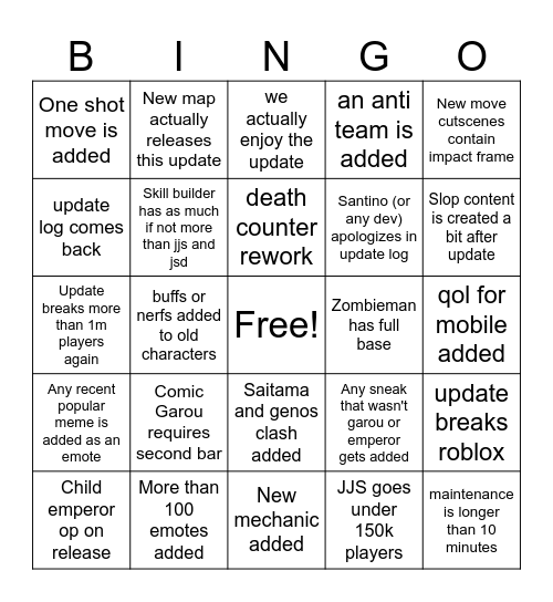 TSB Update Bongi Bingo Card