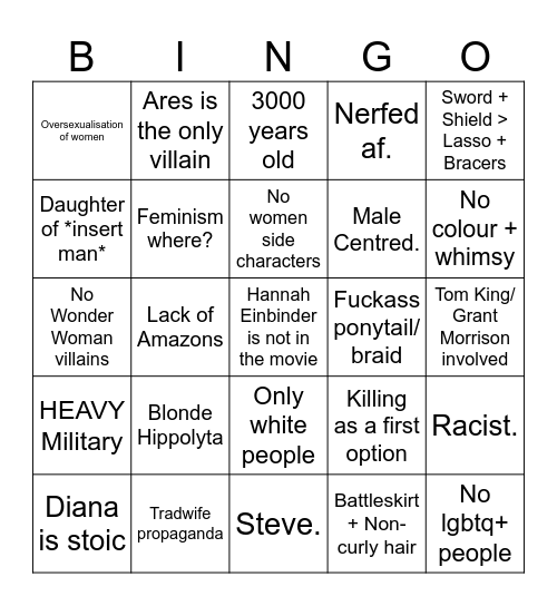 Bad Wonder Woman Movie Bingo Card