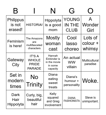 Good Wonder Woman Movie Bingo Card