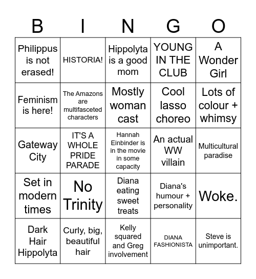 Good Wonder Woman Movie Bingo Card