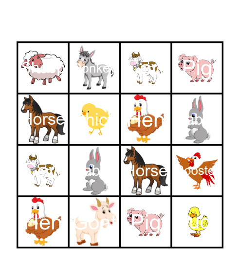 Farm Animals Bingo Card