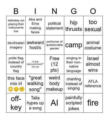 Weiss Eurovision Bingo Card