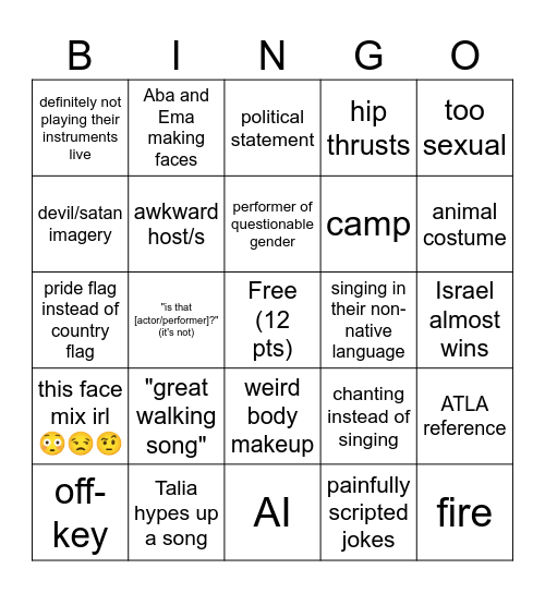 Weiss Eurovision Bingo Card