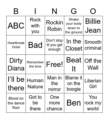 Michael Jackson Bingo Card