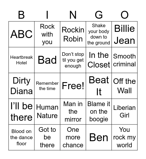 Michael Jackson Bingo Card