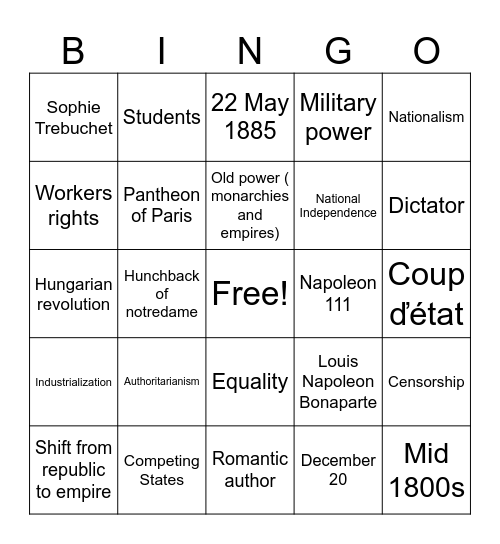 Victor Hugo, Napoleon the Little Bingo Card