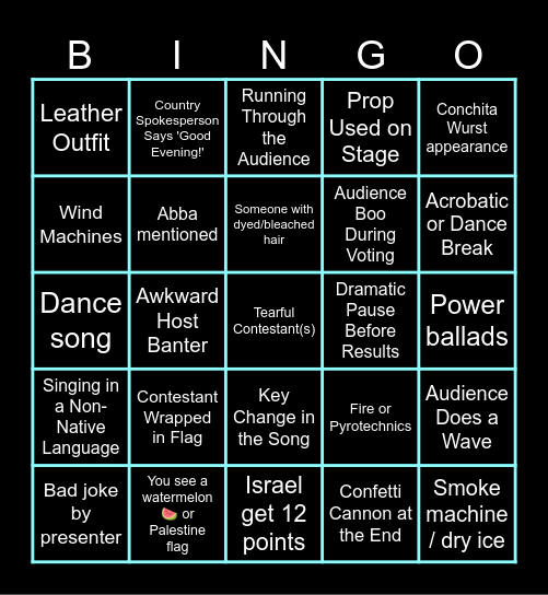 Eurovision 2026 Bingo Card