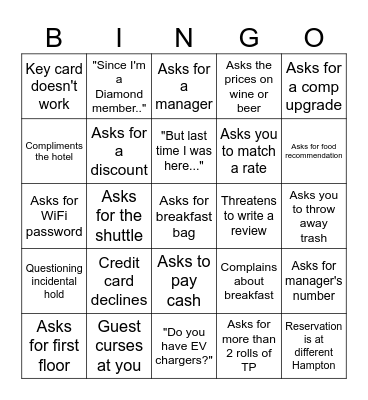 Hotel Bingo Card