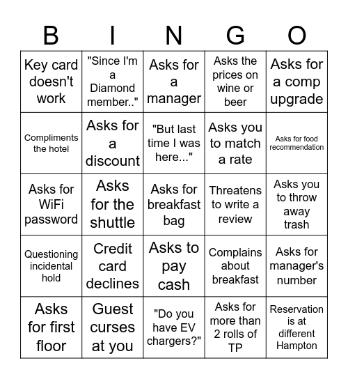 Hotel Bingo Card