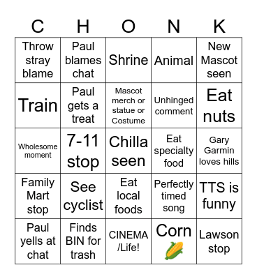 Chonky Chiba Cycle: Day 1 Bingo Card