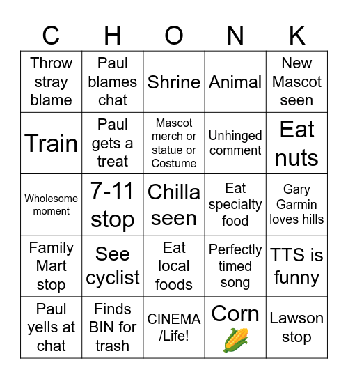 Chonky Chiba Cycle: Day 1 Bingo Card