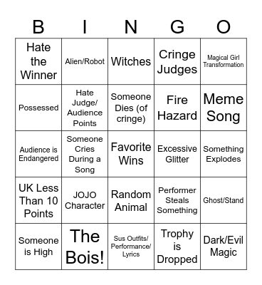 Eurovision Bingo Card