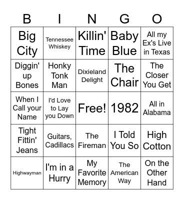 80s Country Game 2 Bingo Card