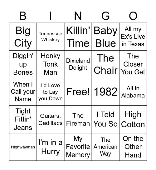 80s Country Game 2 Bingo Card