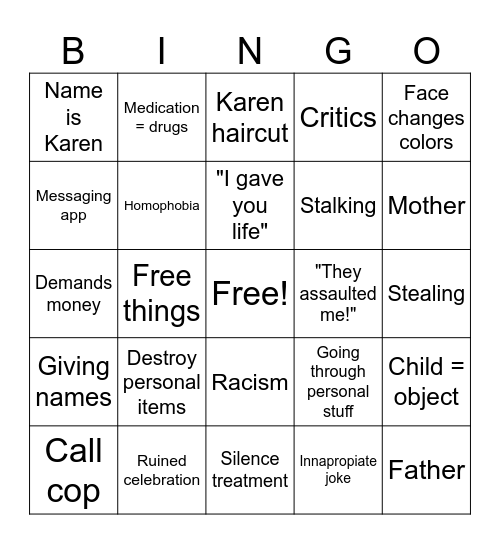 Entitled parents bingo Card