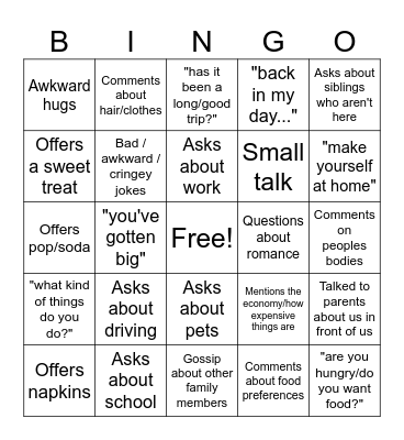 Family visits Bingo Card