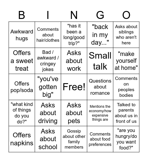 Family visits Bingo Card