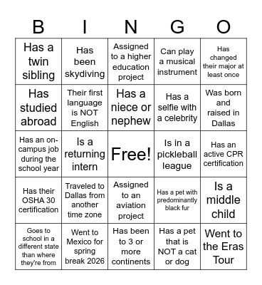 Austin Internship Icebreaker Bingo Card