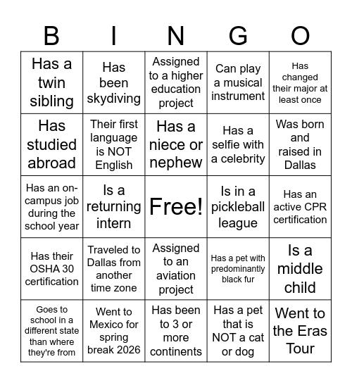Austin Internship Icebreaker Bingo Card