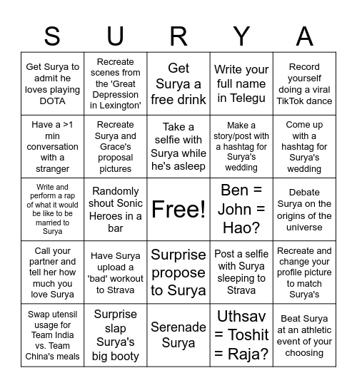 Ravi's Rajus Bingo Card