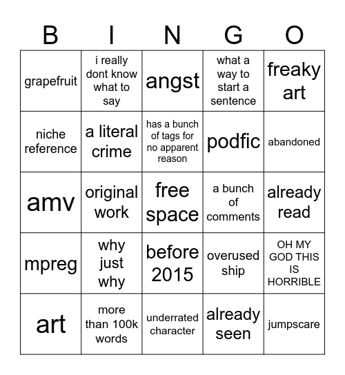 ao3 bino Bingo Card