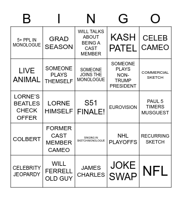 SNL SEASON FINALE WILL FERRELL WOOP WOOP Bingo Card