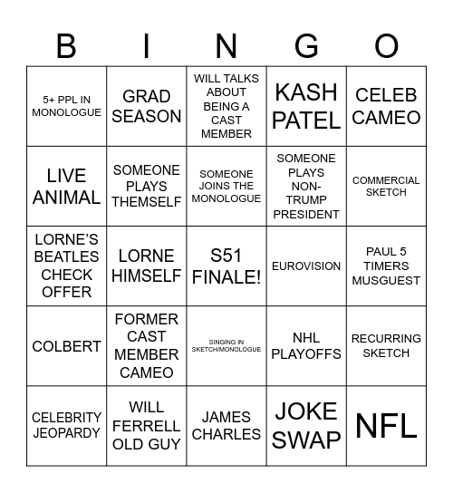 SNL SEASON FINALE WILL FERRELL WOOP WOOP Bingo Card
