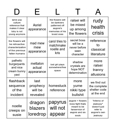 Deltarune Ch 5 predictions Bingo Card
