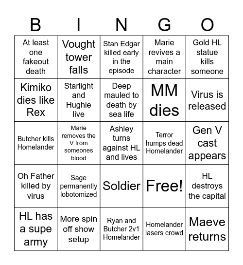Boys finale Bingo Card