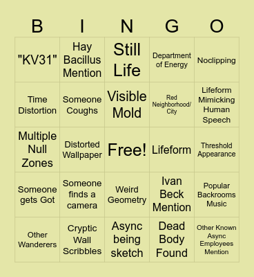 Backrooms Bingo Card