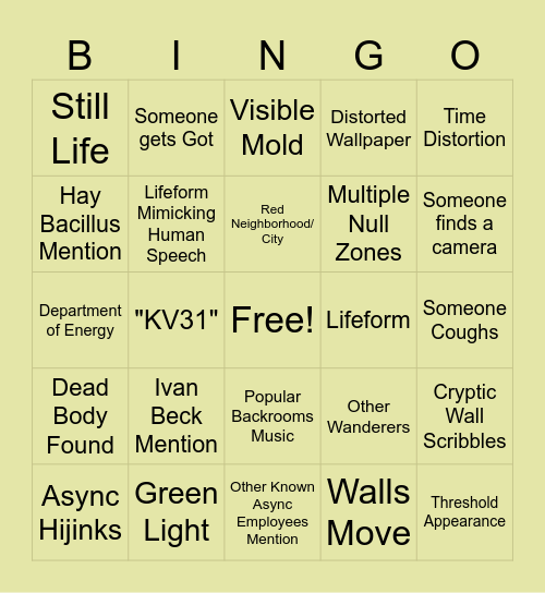Backrooms Bingo Card