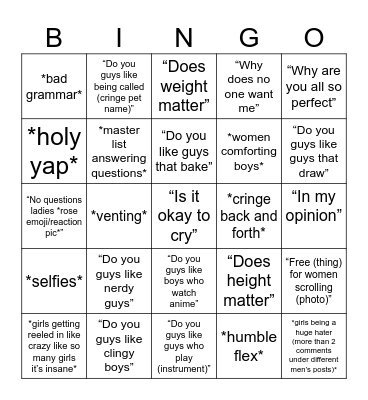 “Boys ask girls answer” videos Bingo Card