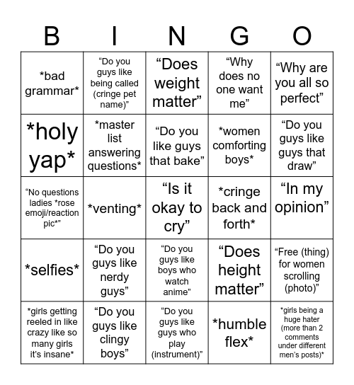 “Boys ask girls answer” videos Bingo Card