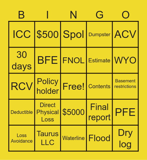 Taurus Flood Bingo Card