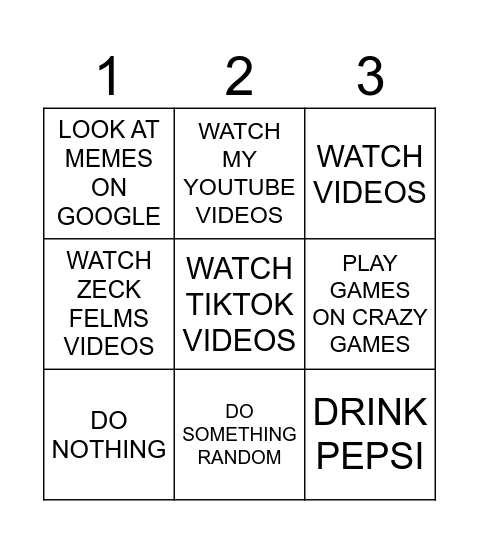 3x3 BINGO BOARD Bingo Card
